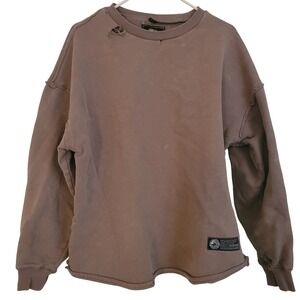 Alphalete XL Distressed French Terry Cotton Crewneck Sweatshirt Brown Streetwear